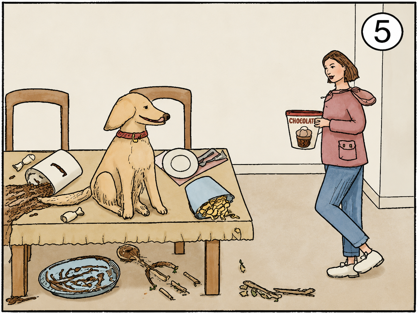 Hund sitzt an einem verschmutzten Tisch, daneben ein Mädchen mit einem Becher Eis.